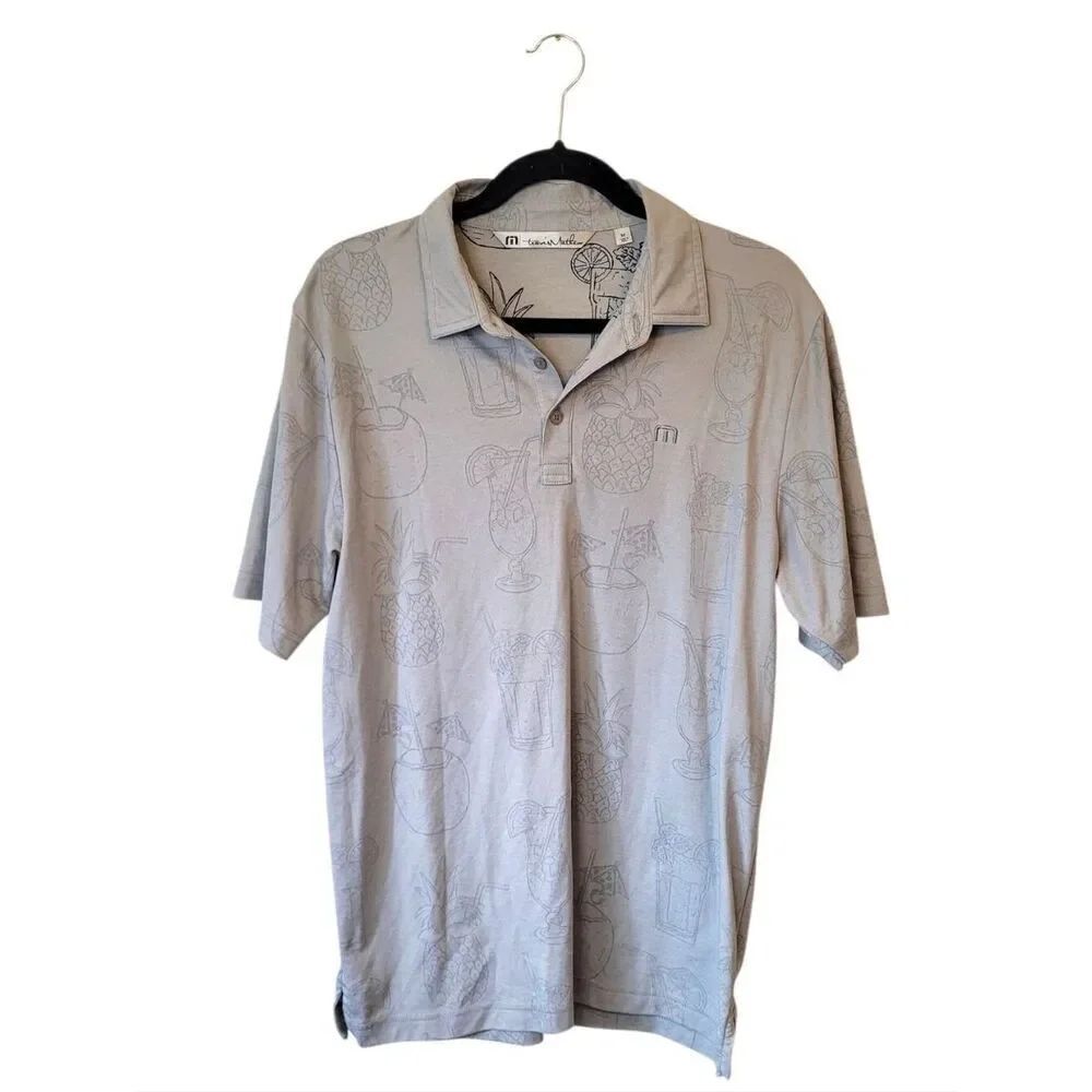 Travis Mathew Men's Light Gray Tropical Cocktail Print Polo Shirt Size M